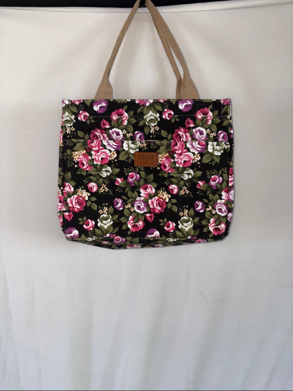 Floral Canvas Tote Bag in Black with Pink Rose Print